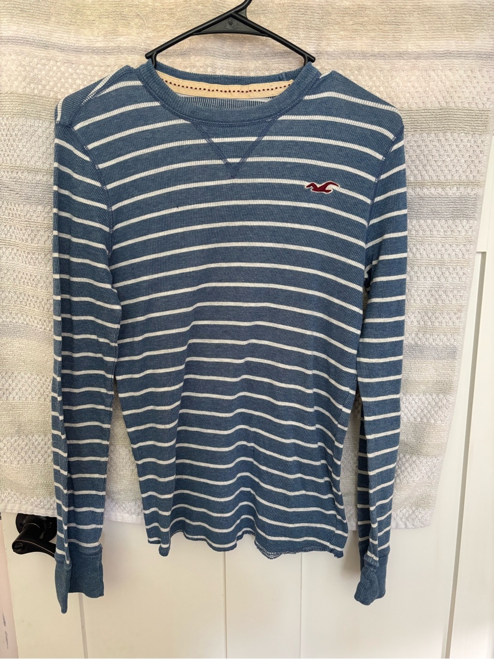 Hollister Blue and White Striped Long-Sleeve Crew Shirt